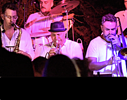 3-piece brass section with saxophone, trumpet and trombone of FRESH party, soul and motown live music band from Majorca
